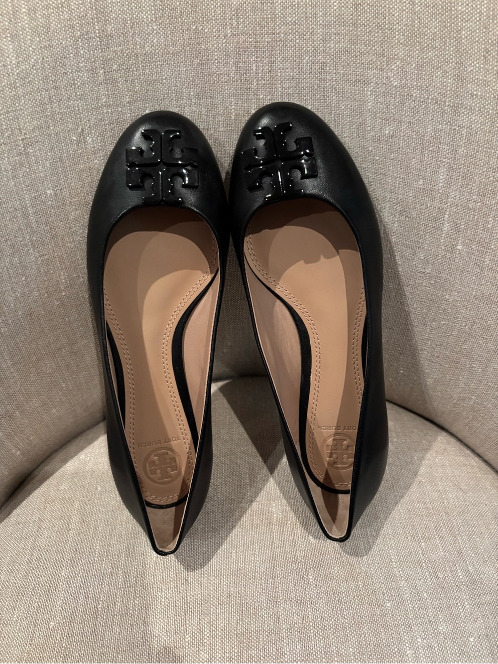 Tory Burch Black Leather Logo Ballet Flats